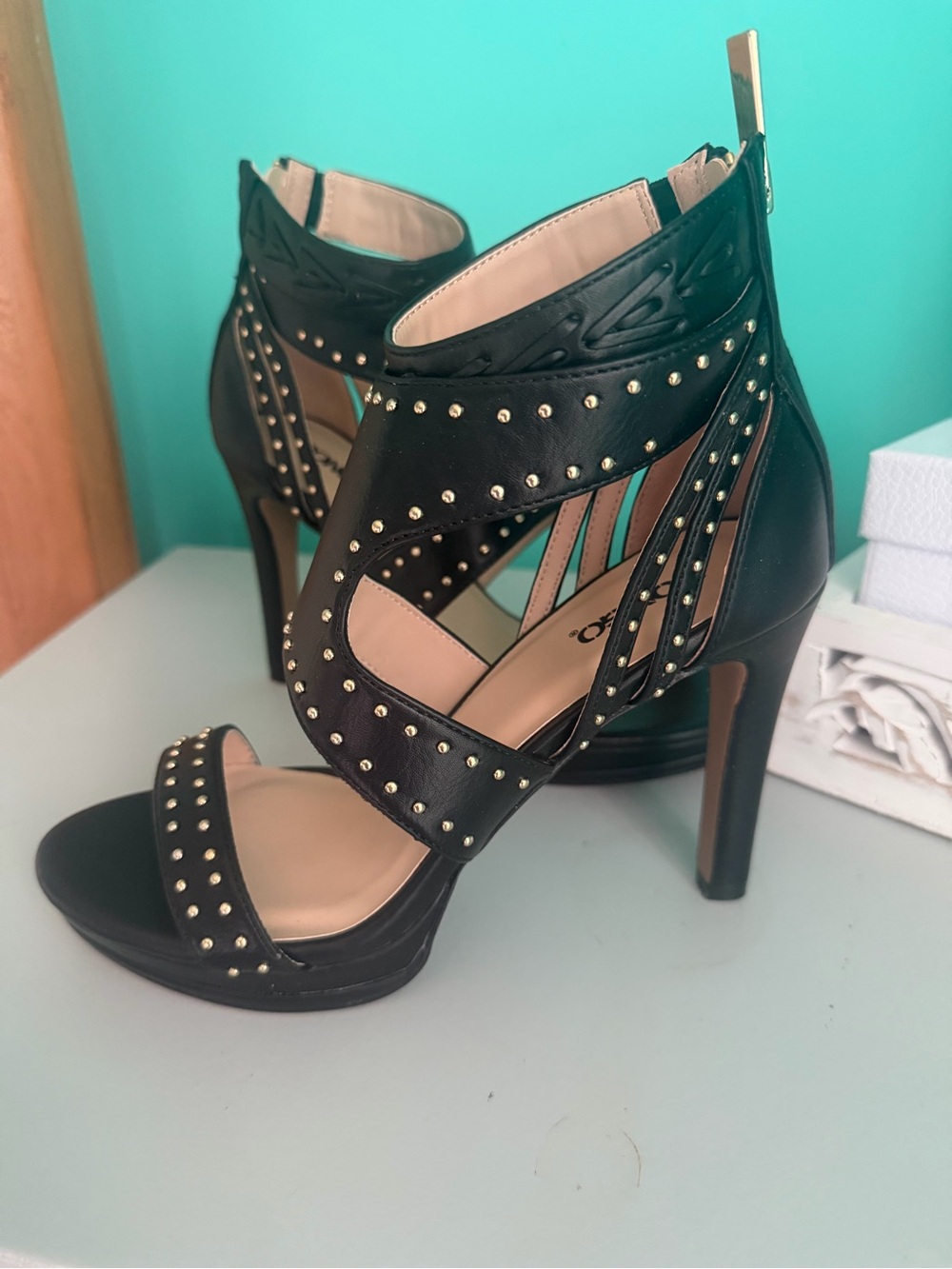 BONGO Black Gold-Stud Cutout Strappy High Heels